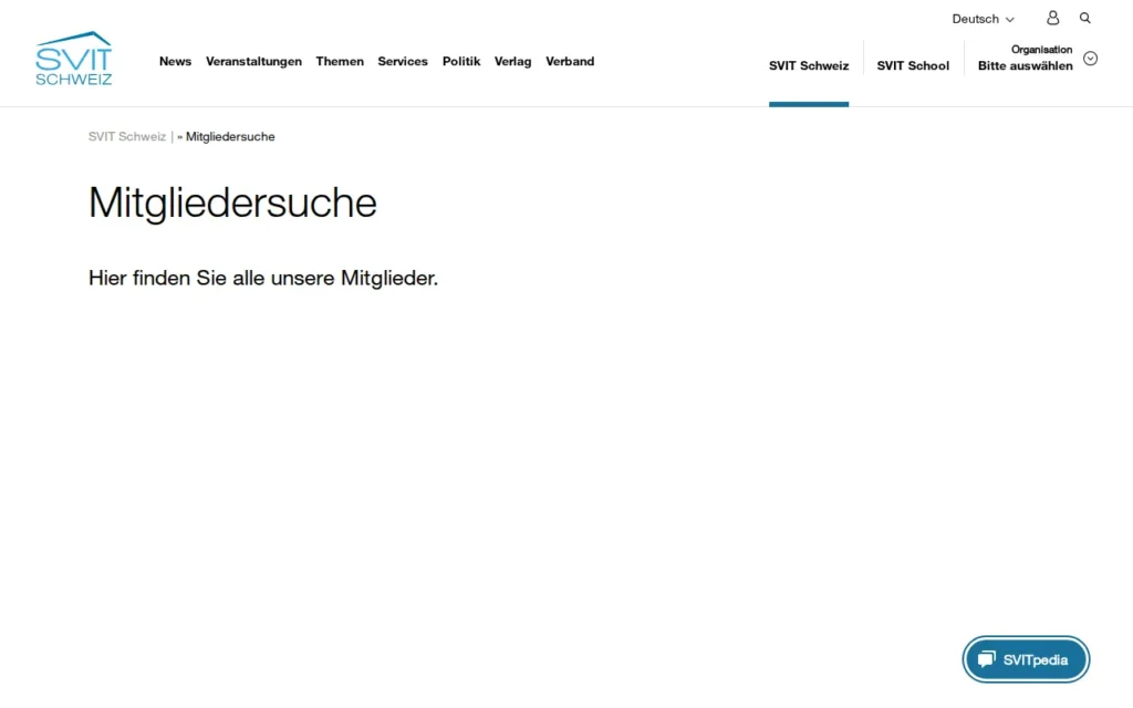Startseite von SVIT Mitgliedersuche (Schweizerischer Verband der Immobilienwirtschaft)