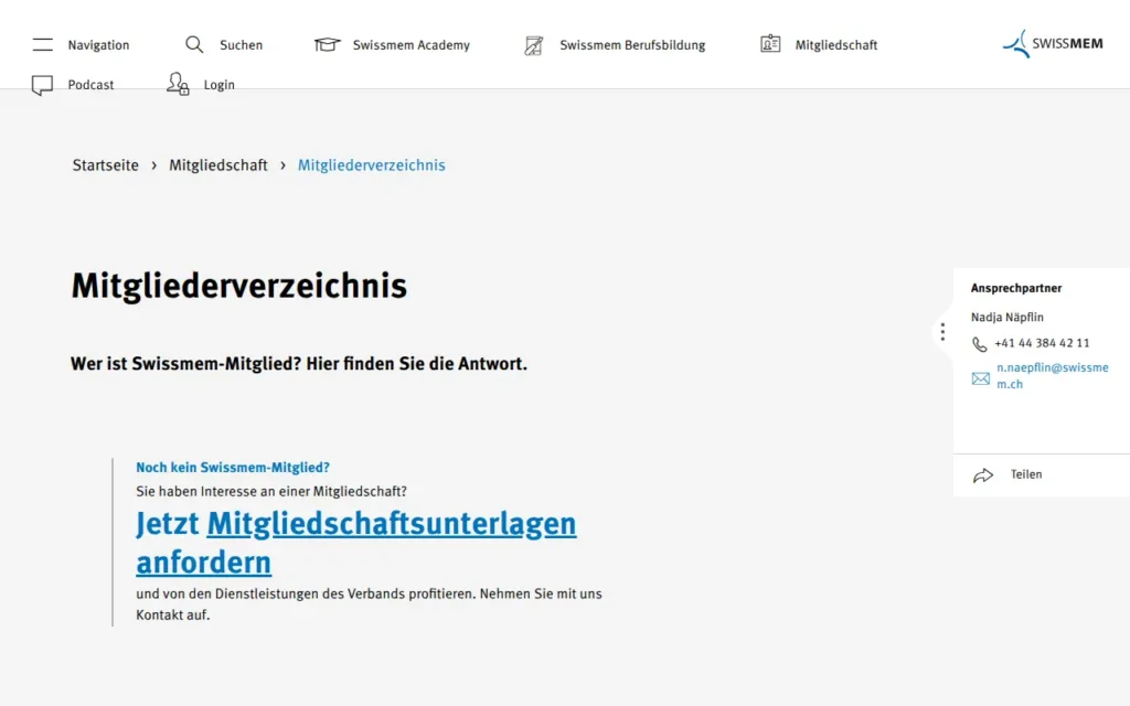 Startseite von Swissmem Mitgliederverzeichnis