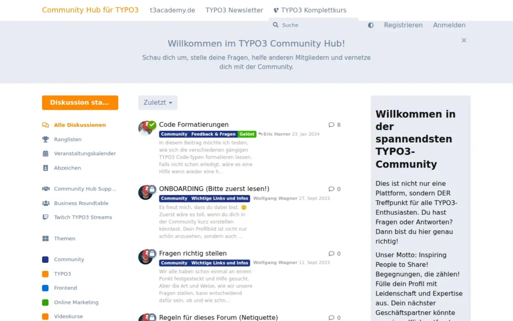 Startseite von Community Hub für TYPO3 (t3forum.net)