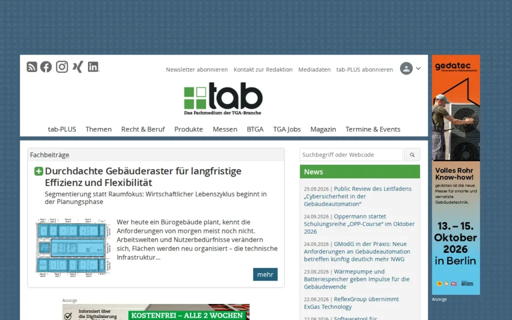 Startseite von tab – Das Fachmedium der TGA-Branche