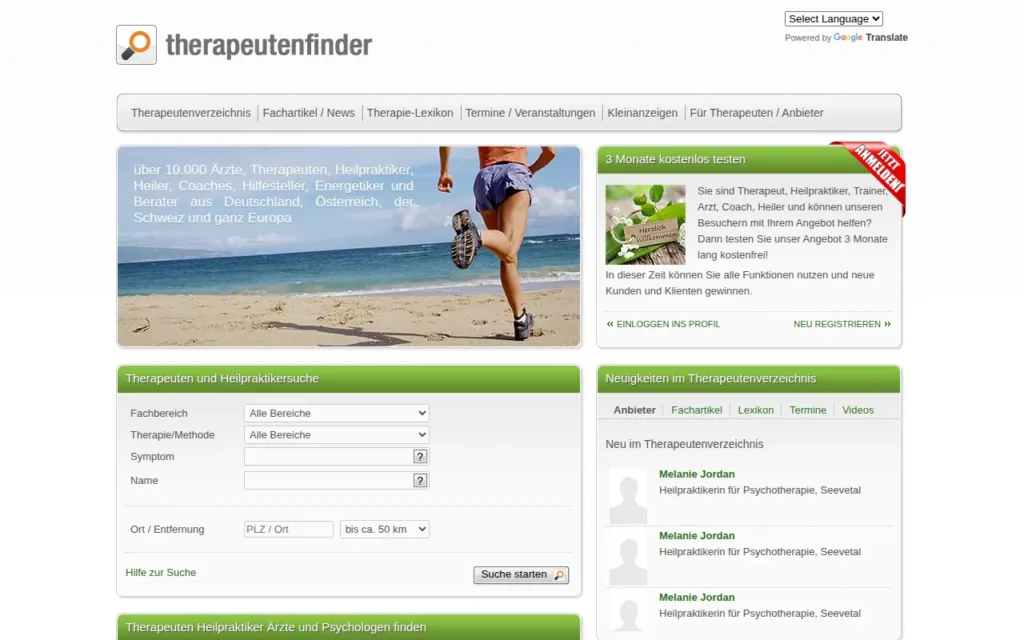 Startseite von therapeutenfinder.com