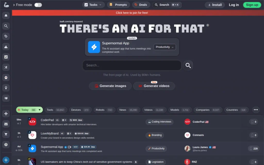 Startseite von There’s An AI For That (TAAFT)
