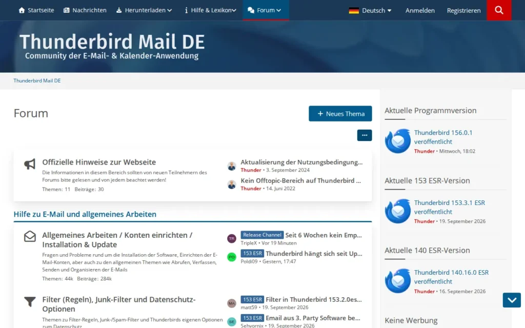 Startseite von Thunderbird Mail DE