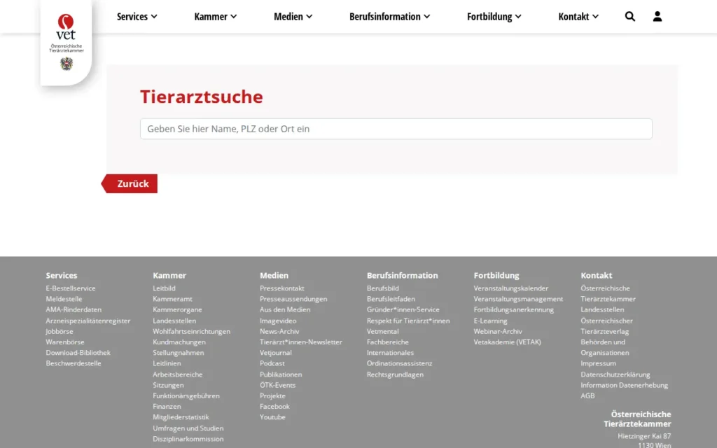 Startseite von Tierarztsuche der Österreichischen Tierärztekammer