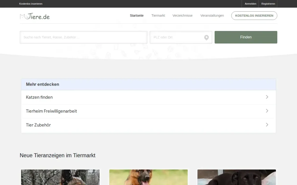 Startseite von tiere.de