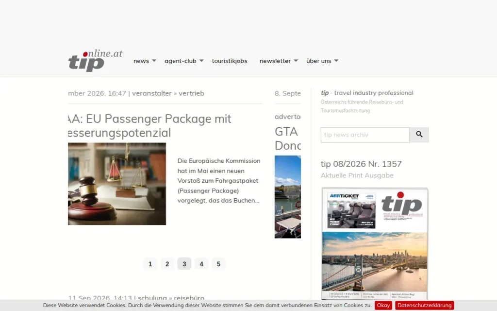 Startseite von tip – Reisemagazin für Profis