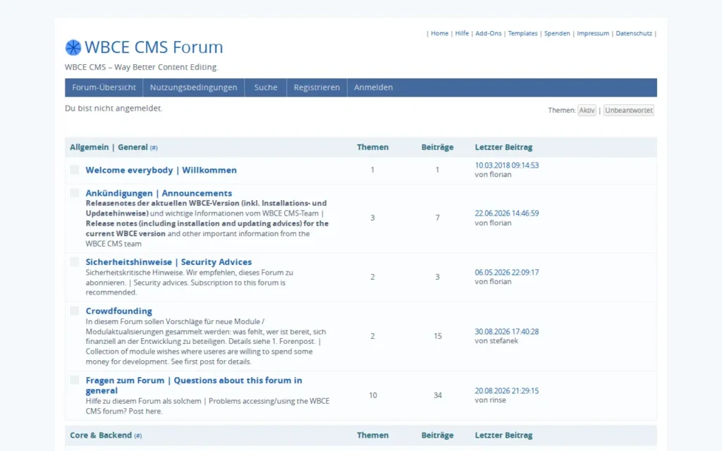 Startseite von WBCE CMS Forum