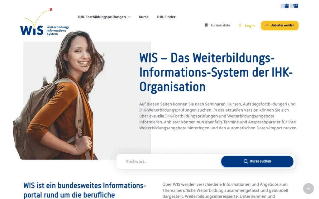 Startseite von WIS – Weiterbildungs-Informations-System der IHKs