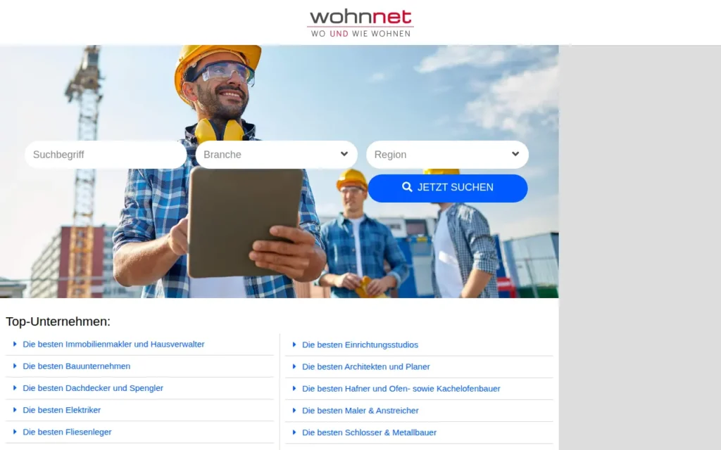 Startseite von wohnnet.at Firmensuche (‚Find den Profi‘)