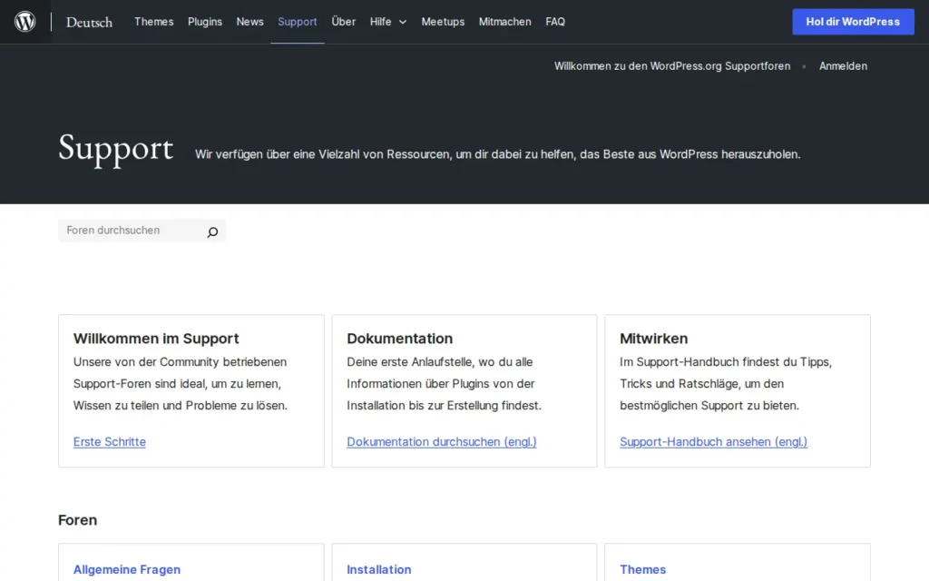 Startseite von WordPress.org Deutsch – Support-Foren