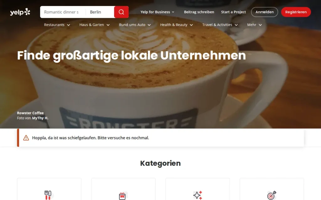 Startseite von Yelp Deutschland