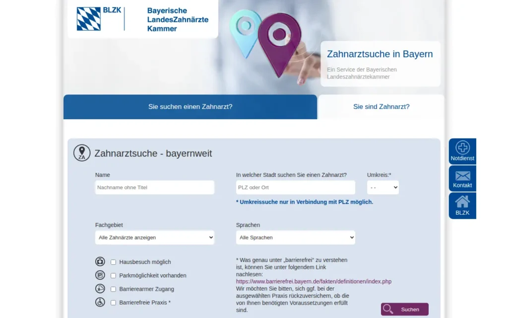 Startseite von Zahnarztsuche der Landeszahnärztekammern (Beispiel BLZK)