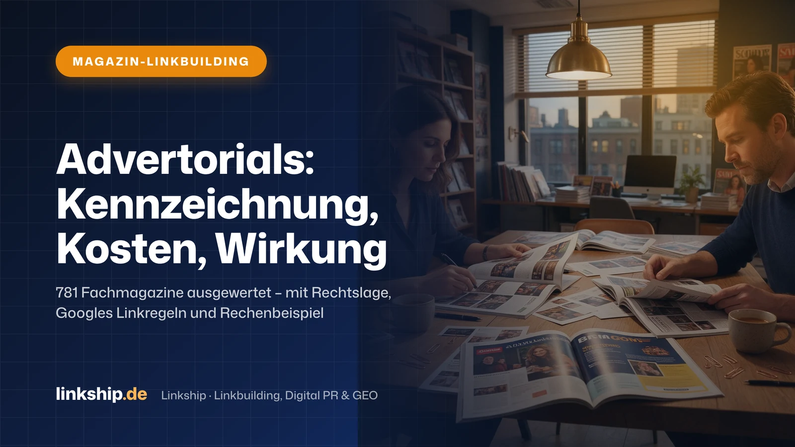 Titelkarte: Advertorials: Kennzeichnung, Kosten, Wirkung – Magazin-Linkbuilding, Linkship