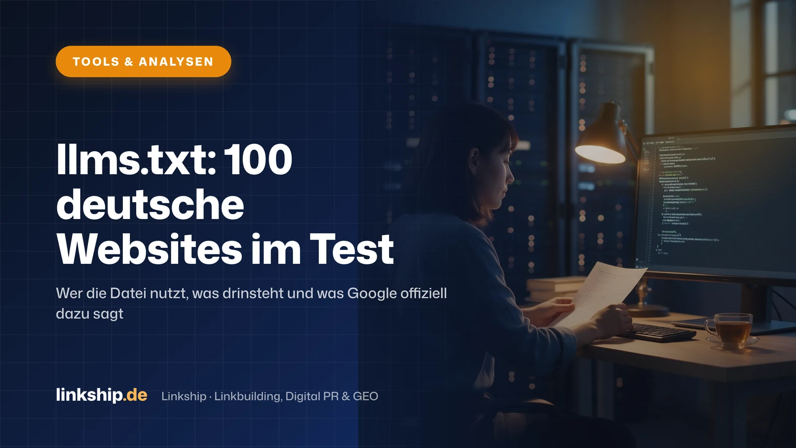 Titelkarte: llms.txt: 100 deutsche Websites im Test – Tools & Analysen, Linkship