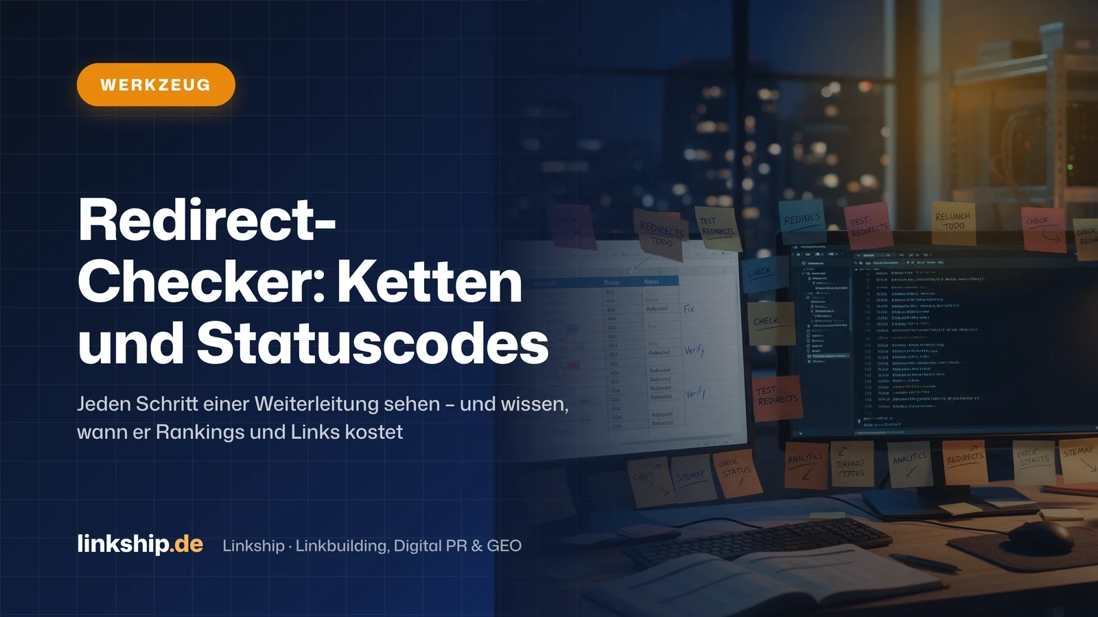 Titelkarte: Redirect-Checker: Ketten und Statuscodes – Werkzeug, Linkship